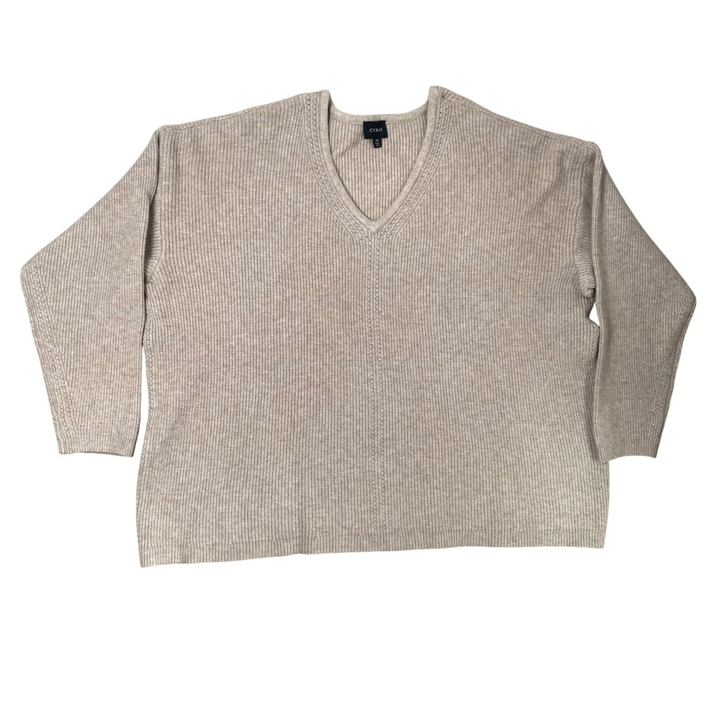 Cyrus Sweater Womens 3X Heather Beige NWT Ribbed V-Neck Neutral Timeless Minimal